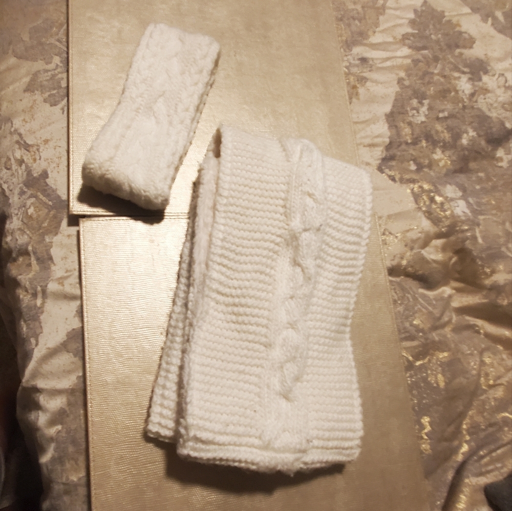 cream minicci winter 360 scarf and matching head band